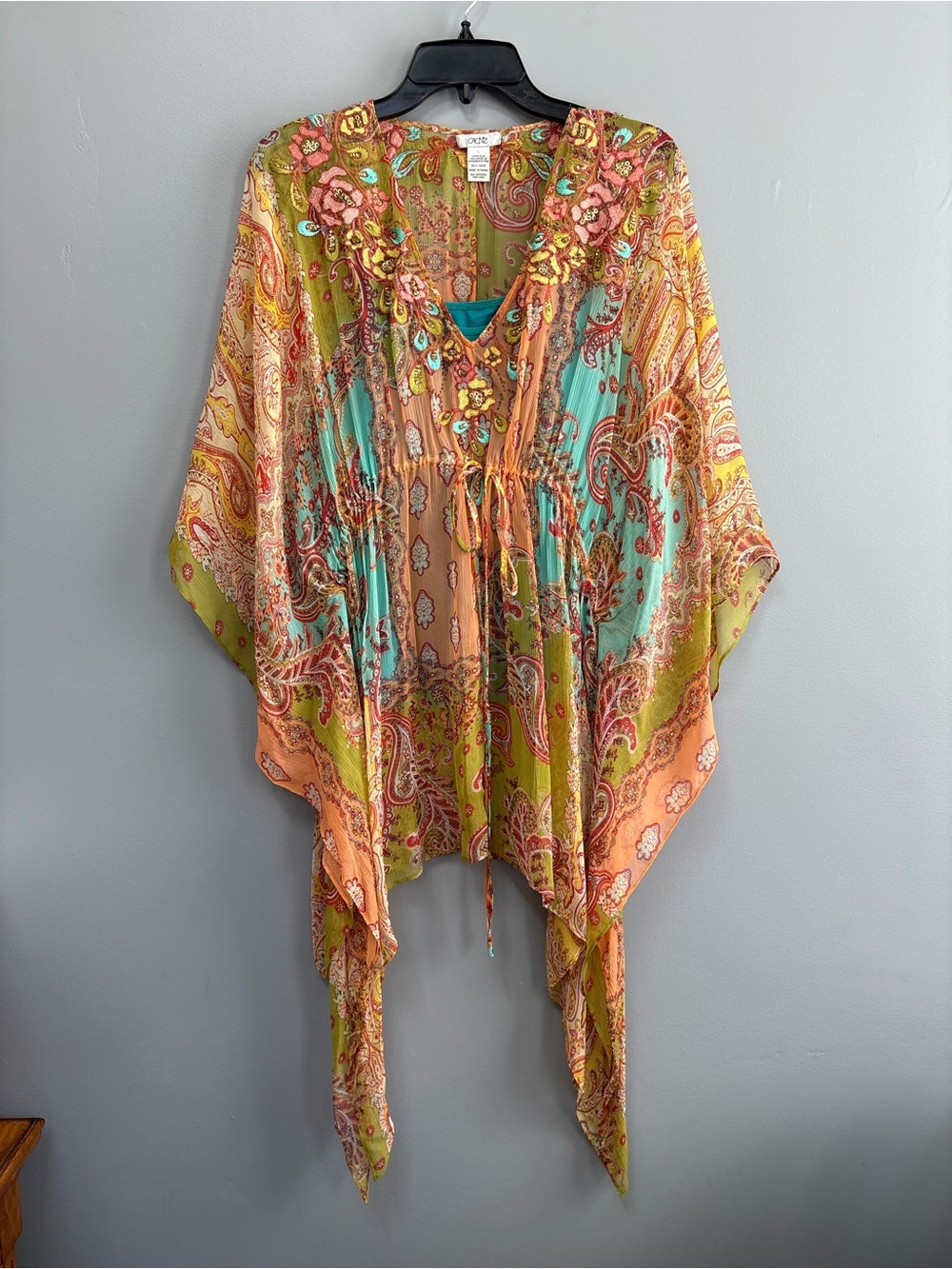 Cache Multicolor Paisley V-Neck Poncho 100% Silk Boho Long Flowy Tunic Size L